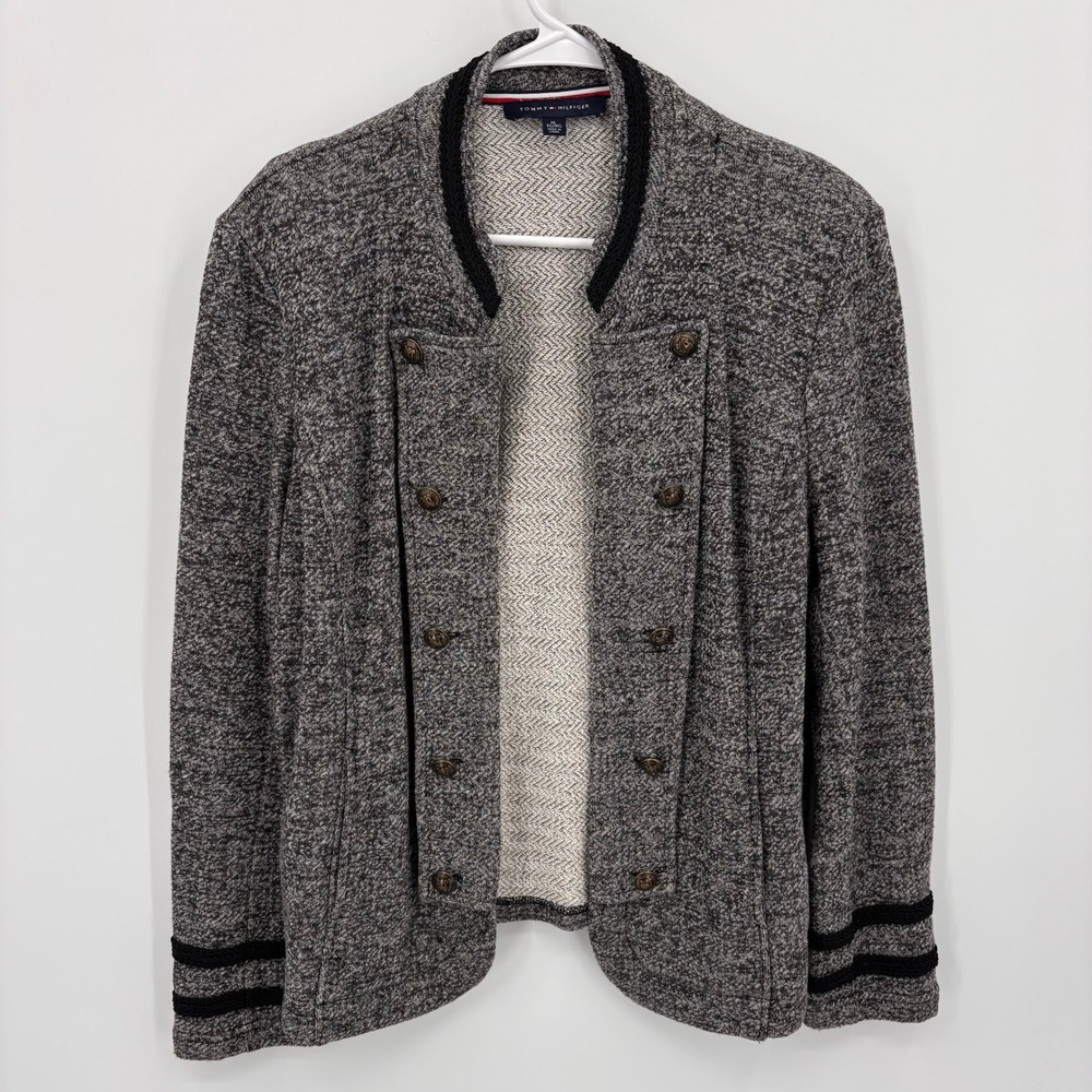 Tommy Hilfiger Military Cardigan Womens XL Grey Excellent Crest Button Marl
